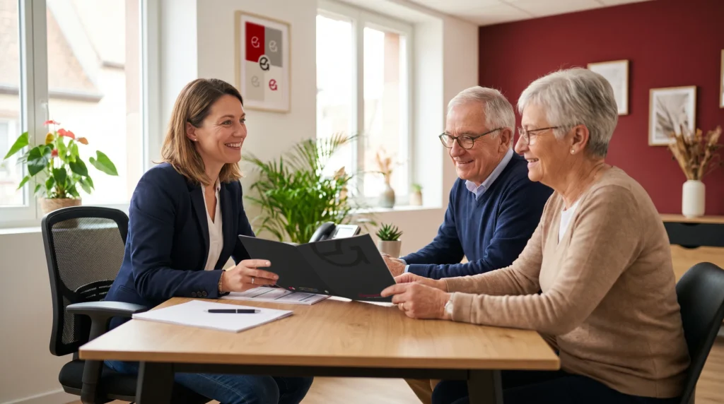 une conseillère en assurance souriante accompagne un couple de retraités lors d'un rendez-vous personnalisé