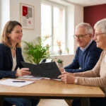 une conseillère en assurance souriante accompagne un couple de retraités lors d'un rendez-vous personnalisé