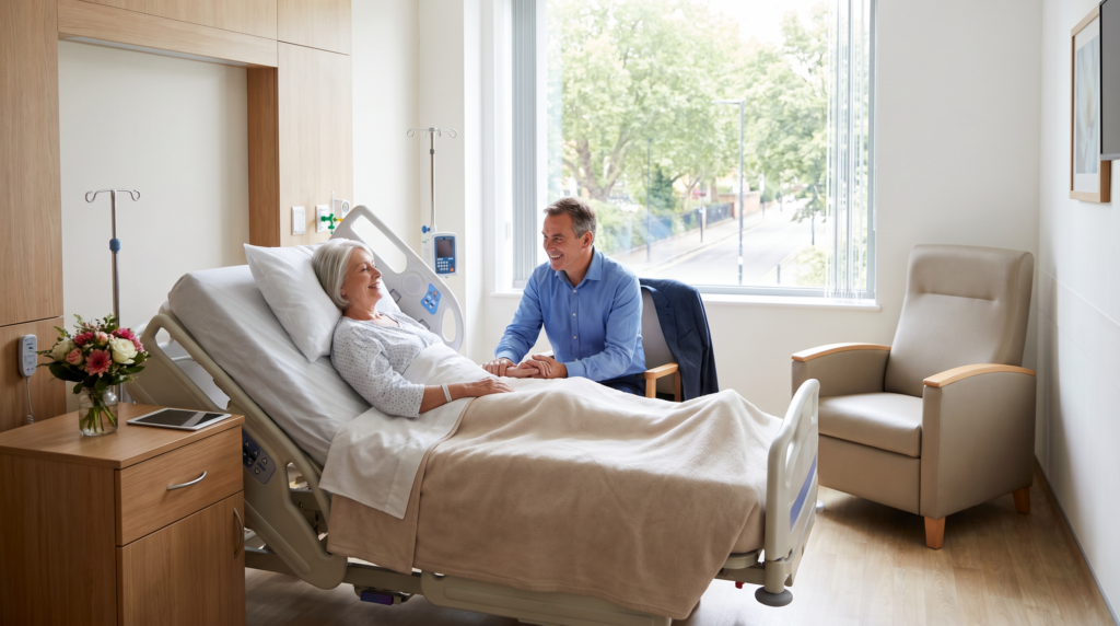 Une personne senior de 70 ans se repose sereinement dans une chambre d'hôpital moderne et confortable après une intervention médicale. Un proche est présent à ses côtés dans une attitude rassurante.