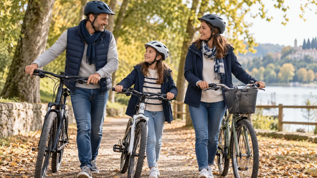 Une famille équipée de casques marche avec ses vélos lors d’une promenade automnale.