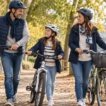 Une famille équipée de casques marche avec ses vélos lors d’une promenade automnale.