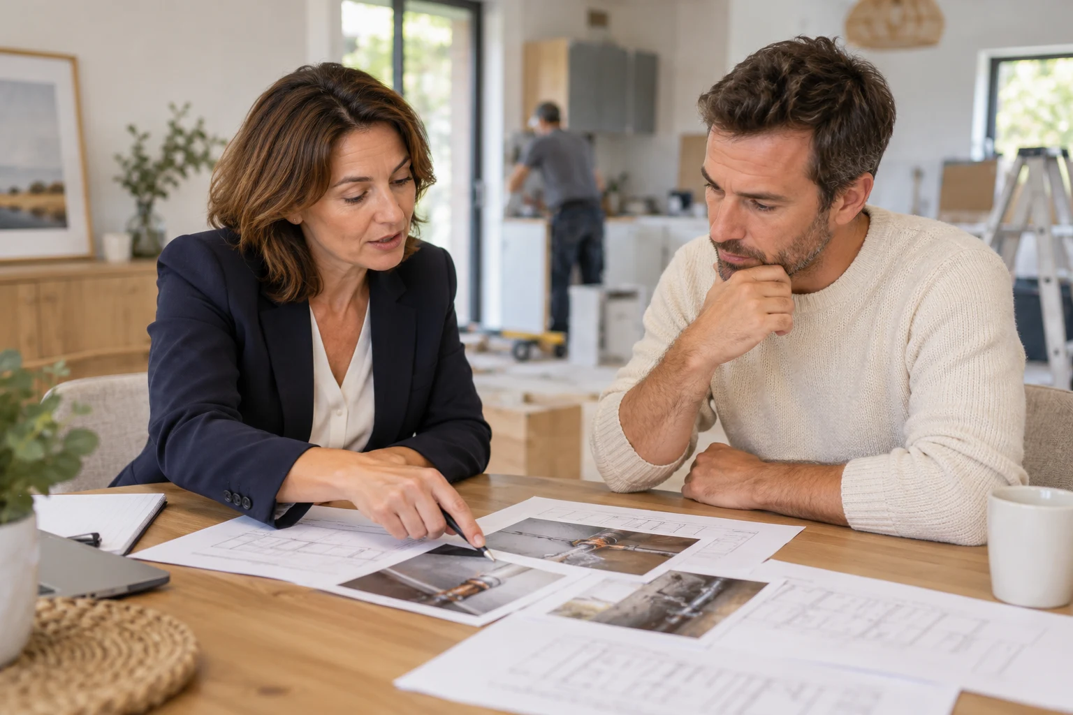 Une conseillère accompagne un particulier dans l’examen d’un litige lié à des travaux de rénovation.